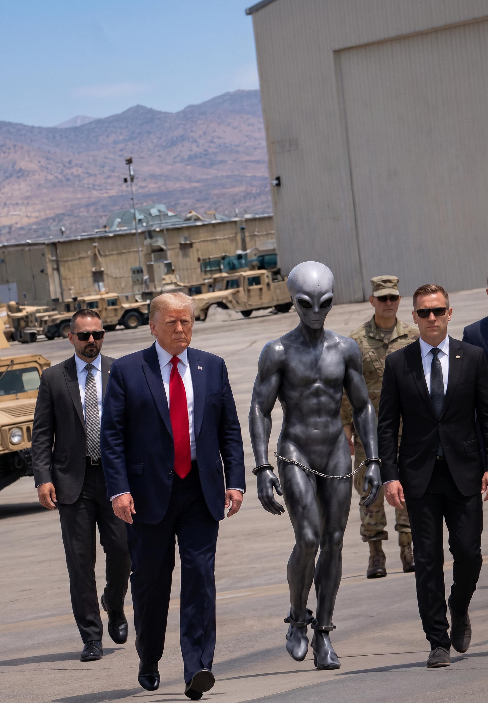 Trump publica foto con un extraterrestre esposado y enloquece las redes: nadie sabe si es un meme o un mensaje.